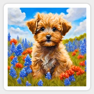 Yorkipoo Puppy in Texas Wildflower Field Sticker